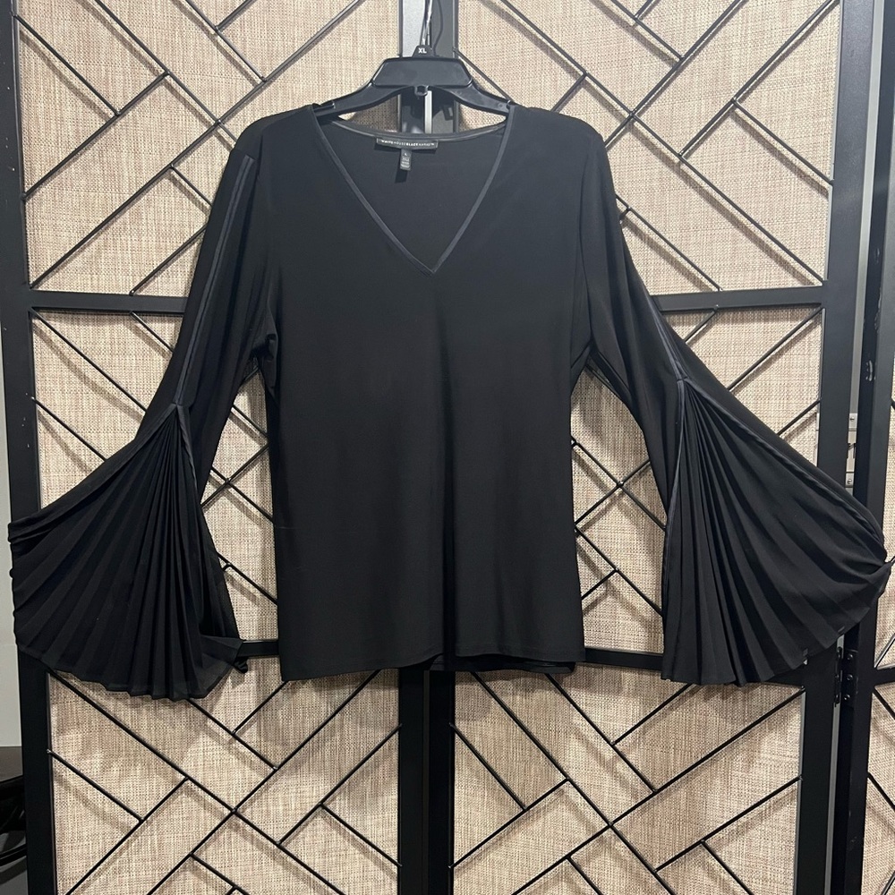 WHBM Black V-Neck Blouse w/ Sheer Pleated Bell Sleeves - L
